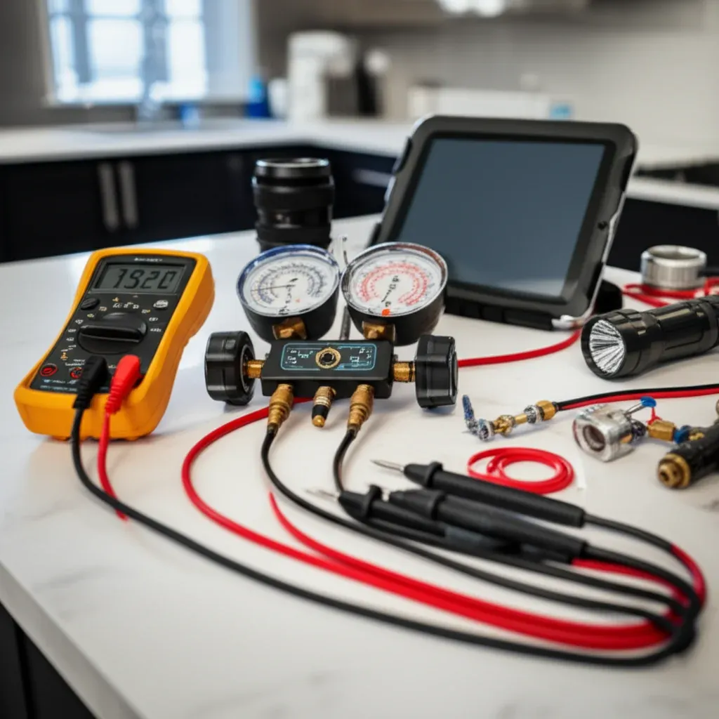 Refrigeration manifold gauges with red and blue hoses, a digital multimeter, brass fittings and a torch laid out on a stone counter