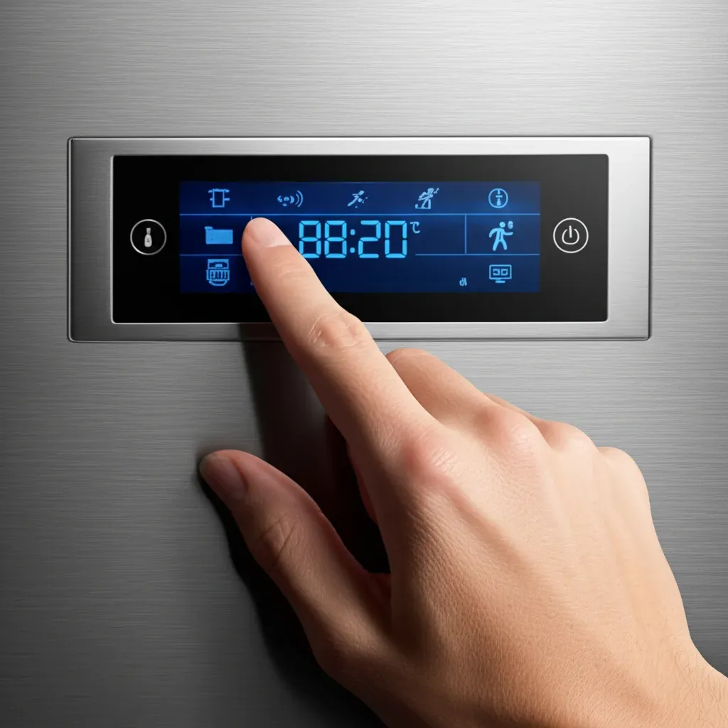 Fingertip resting on a blue backlit control display set into a brushed stainless panel, mode icons either side of the readout