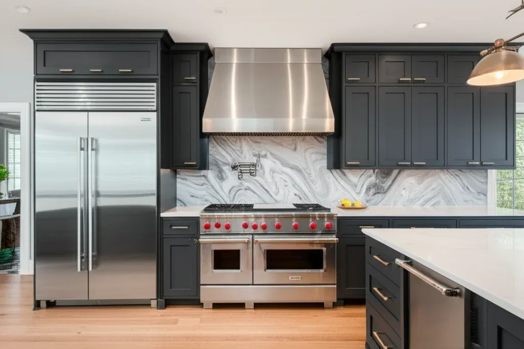 Stainless side-by-side built-in refrigerator standing beside a professional range and hood in a charcoal kitchen with a marble backsplash