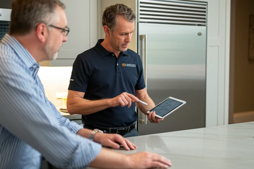 Professional appliance repair consultation with customer