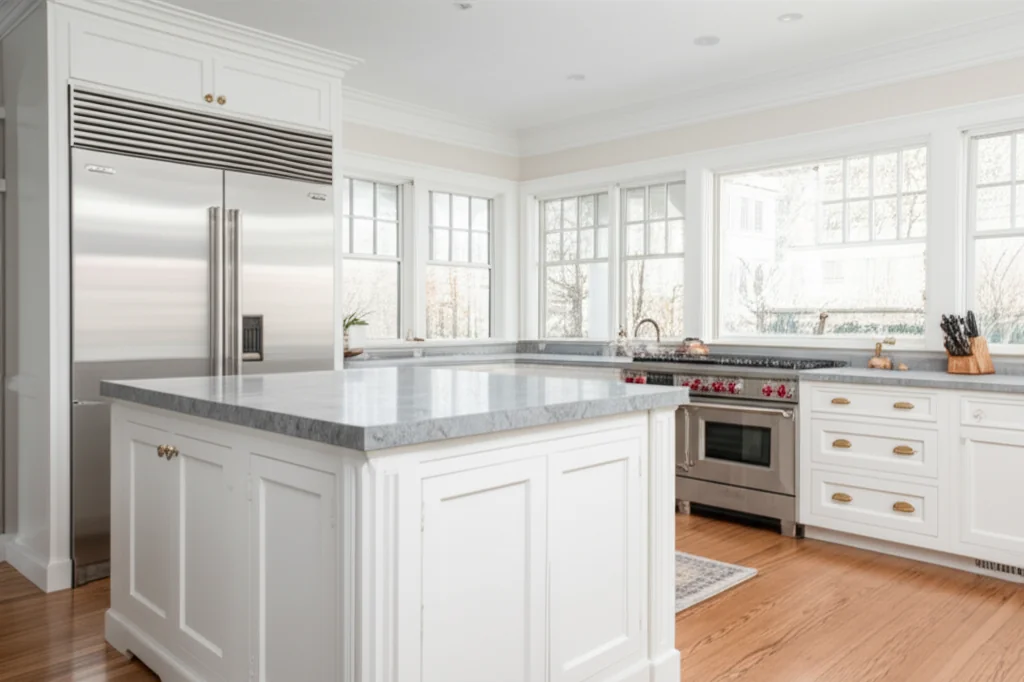 Professional Sub-Zero and Wolf appliance repair technician in a luxury MetroWest Boston kitchen