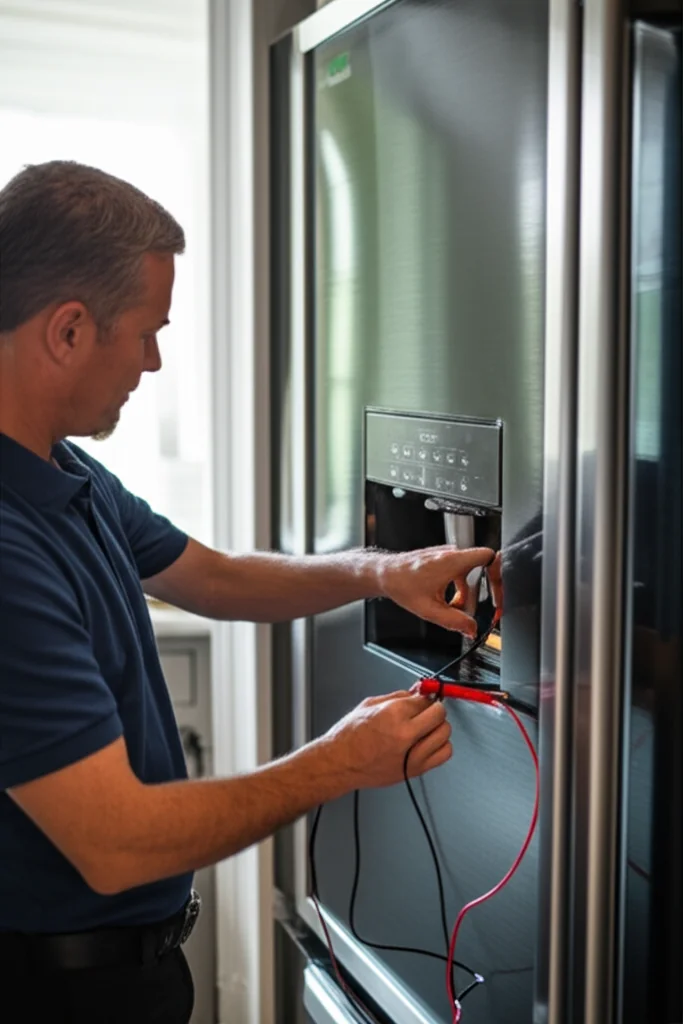 Expert technician servicing a Sub-Zero refrigerator in a luxury Boston home